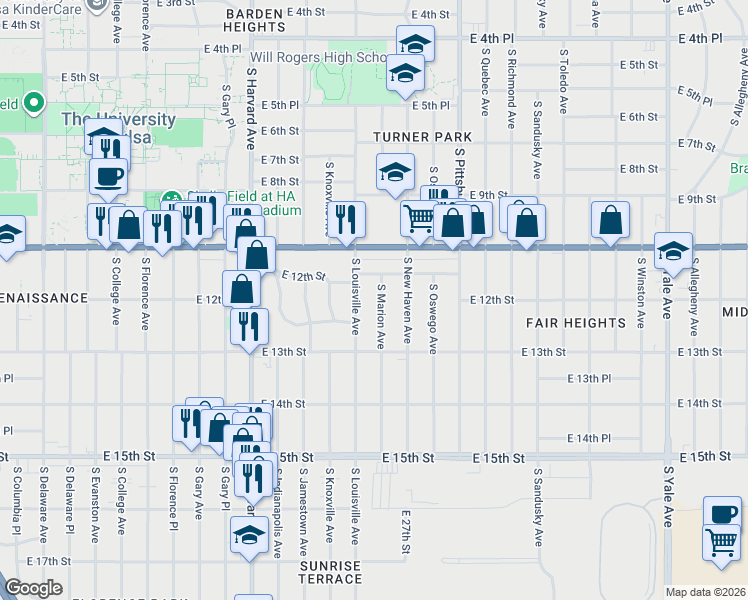 map of restaurants, bars, coffee shops, grocery stores, and more near 1213 South Louisville Avenue in Tulsa