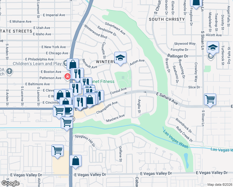 map of restaurants, bars, coffee shops, grocery stores, and more near 5279 Consul Avenue in Las Vegas