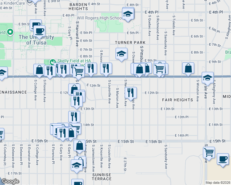 map of restaurants, bars, coffee shops, grocery stores, and more near 1213 South Louisville Avenue in Tulsa