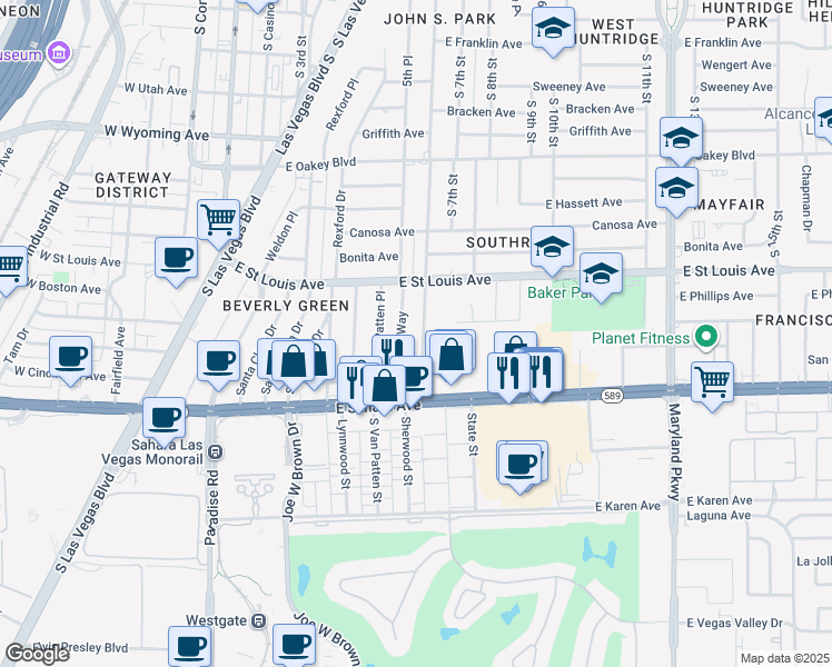 map of restaurants, bars, coffee shops, grocery stores, and more near 2212 South Beverly Way in Las Vegas
