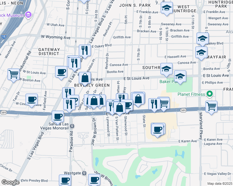 map of restaurants, bars, coffee shops, grocery stores, and more near 2209 Santa Ynez Drive in Las Vegas