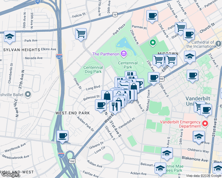 map of restaurants, bars, coffee shops, grocery stores, and more near 3002 Poston Avenue in Nashville