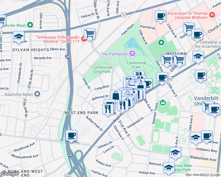 map of restaurants, bars, coffee shops, grocery stores, and more near 221 31st Avenue North in Nashville