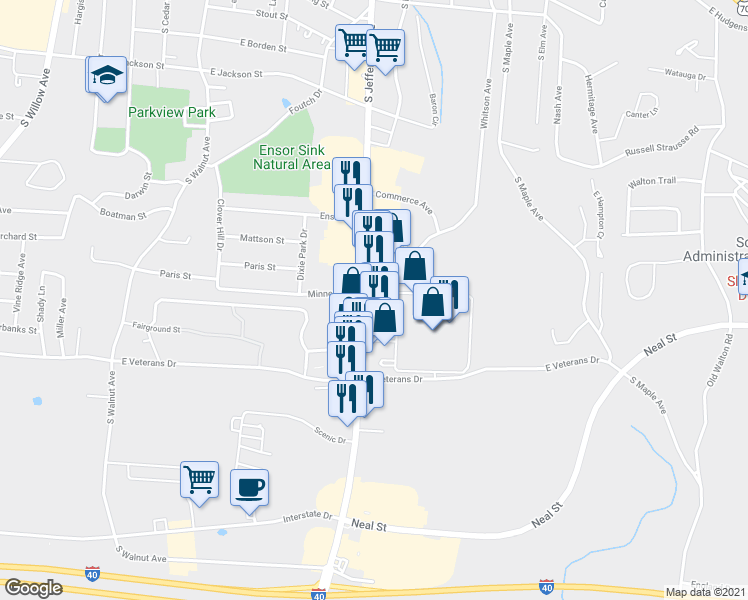 map of restaurants, bars, coffee shops, grocery stores, and more near 710 South Jefferson Avenue in Cookeville
