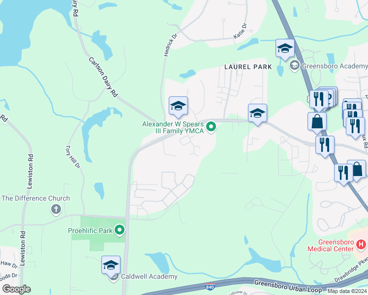 map of restaurants, bars, coffee shops, grocery stores, and more near 3922 Siena Terrace in Greensboro
