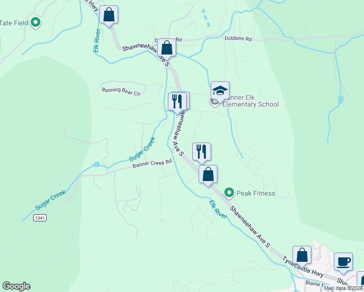 map of restaurants, bars, coffee shops, grocery stores, and more near 1829 Tynecastle Highway in Banner Elk