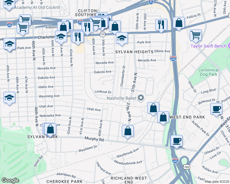 map of restaurants, bars, coffee shops, grocery stores, and more near 203 Chamberlin Street in Nashville