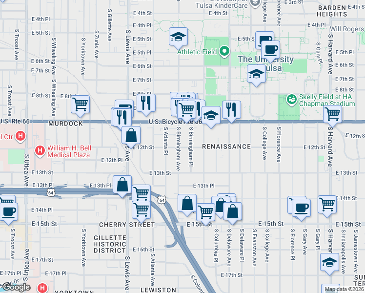 map of restaurants, bars, coffee shops, grocery stores, and more near 1215 South Birmingham Avenue in Tulsa