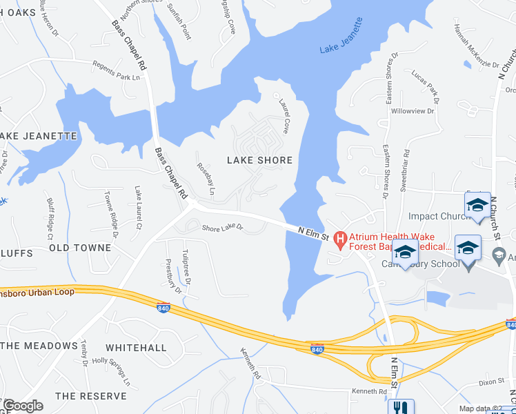 map of restaurants, bars, coffee shops, grocery stores, and more near 6 Indigo Lake Terrace in Greensboro