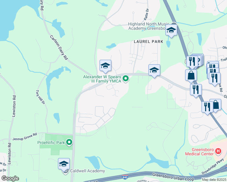 map of restaurants, bars, coffee shops, grocery stores, and more near 4015 Tuscany Lane in Greensboro