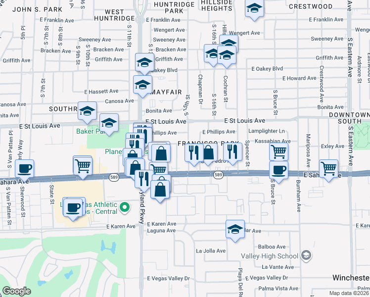 map of restaurants, bars, coffee shops, grocery stores, and more near 2309 South 15th Street in Las Vegas
