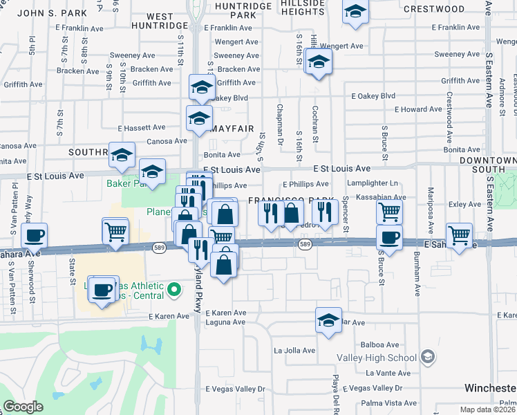map of restaurants, bars, coffee shops, grocery stores, and more near 2309 South 15th Street in Las Vegas