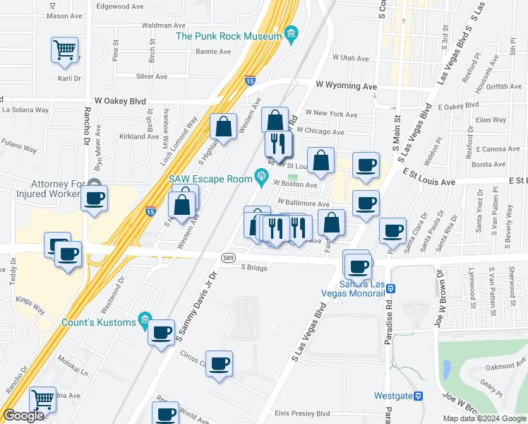 map of restaurants, bars, coffee shops, grocery stores, and more near 2312 Tam Drive in Las Vegas