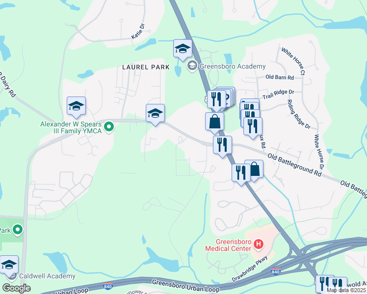 map of restaurants, bars, coffee shops, grocery stores, and more near 3324 Horse Pen Creek Road in Greensboro
