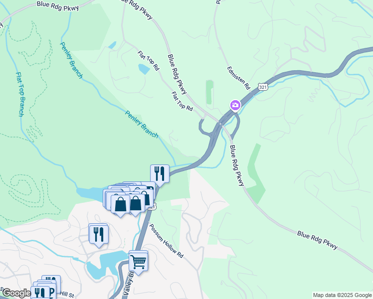 map of restaurants, bars, coffee shops, grocery stores, and more near The Black Bottom Road in Blowing Rock