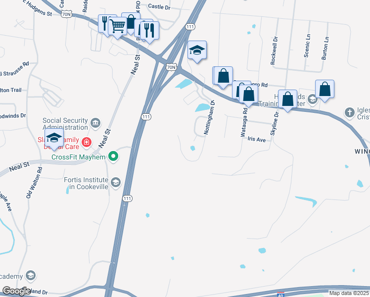 map of restaurants, bars, coffee shops, grocery stores, and more near 1036 Nottingham Drive in Cookeville