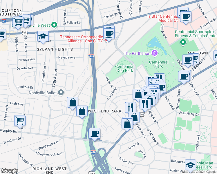 map of restaurants, bars, coffee shops, grocery stores, and more near 3138 Long Boulevard in Nashville