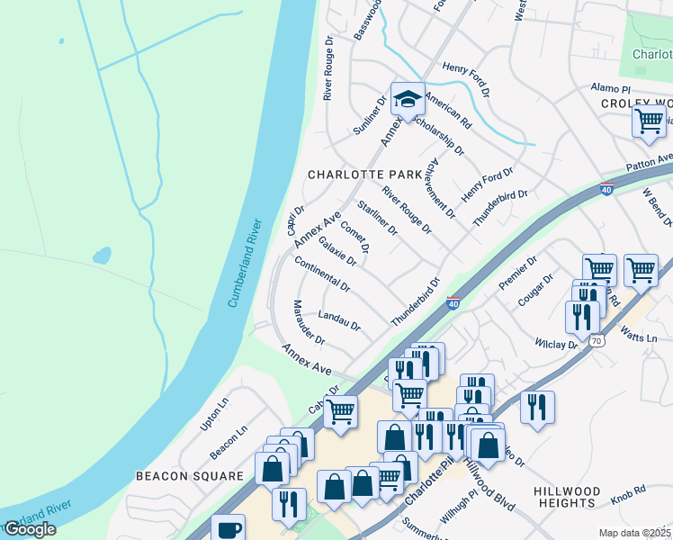map of restaurants, bars, coffee shops, grocery stores, and more near 524 Continental Drive in Nashville