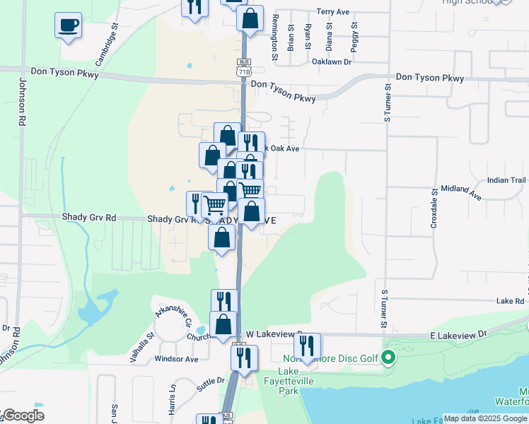 map of restaurants, bars, coffee shops, grocery stores, and more near 4401 South Thompson Street in Springdale