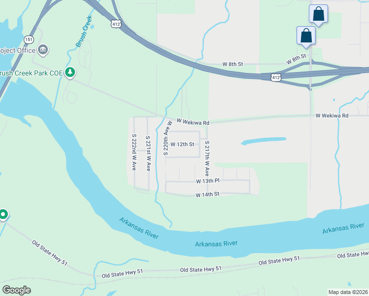 map of restaurants, bars, coffee shops, grocery stores, and more near 21839 West 13th Street South in Sand Springs