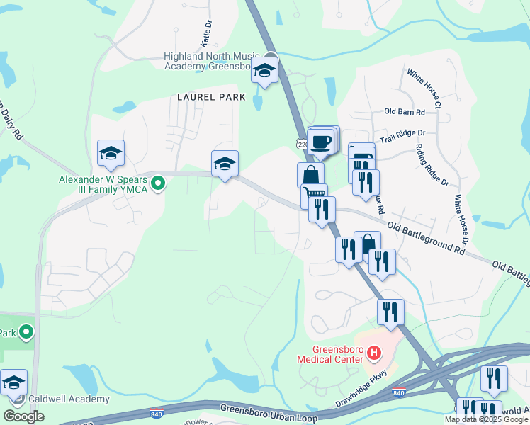map of restaurants, bars, coffee shops, grocery stores, and more near 3324 Horse Pen Creek Road in Greensboro