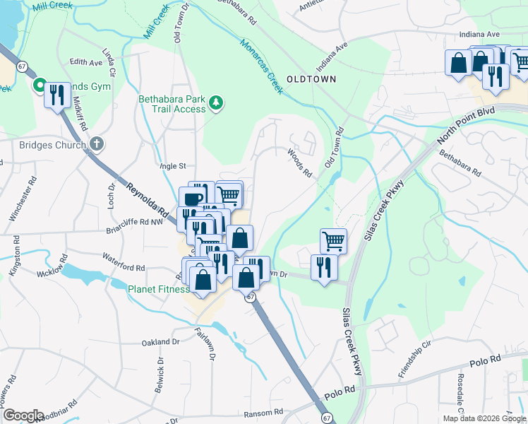 map of restaurants, bars, coffee shops, grocery stores, and more near 1506 Old Town Road in Winston-Salem