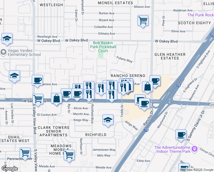 map of restaurants, bars, coffee shops, grocery stores, and more near 2340 Paseo Del Prado in Las Vegas