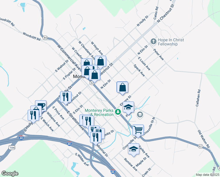 map of restaurants, bars, coffee shops, grocery stores, and more near 112 North Elm Street in Monterey