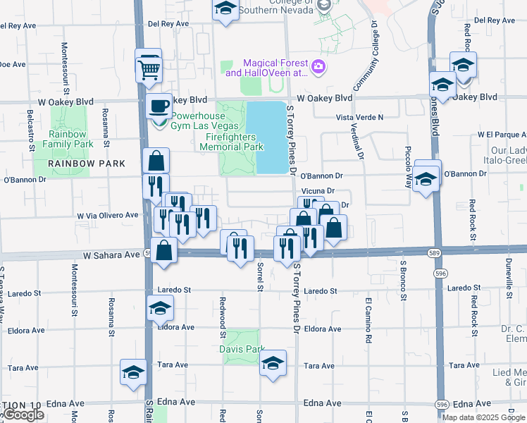 map of restaurants, bars, coffee shops, grocery stores, and more near 6505 Peppermill Dr in Las Vegas
