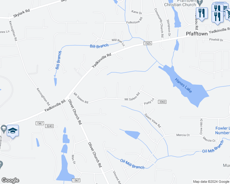 map of restaurants, bars, coffee shops, grocery stores, and more near 5313 Westrock Drive in Pfafftown