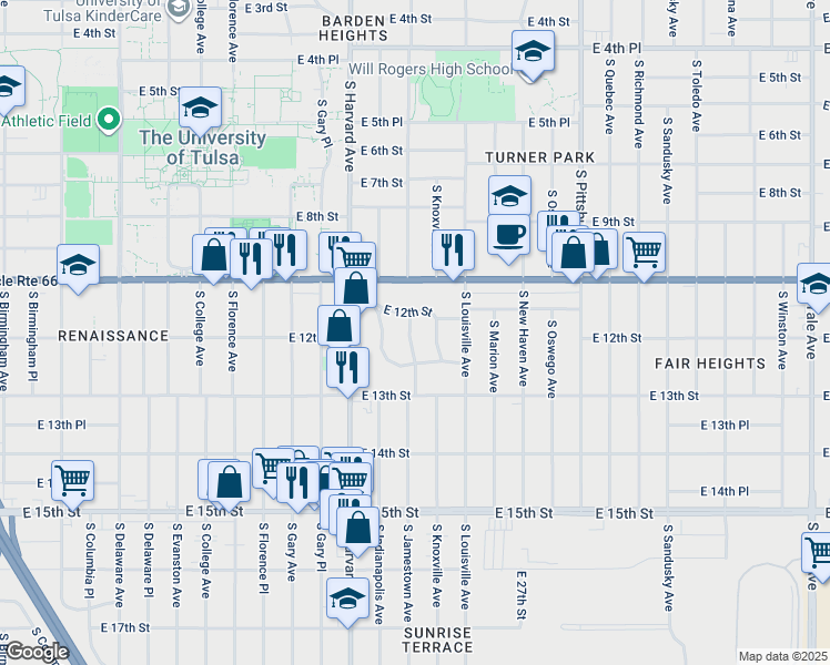 map of restaurants, bars, coffee shops, grocery stores, and more near 1219 South Jamestown Avenue in Tulsa