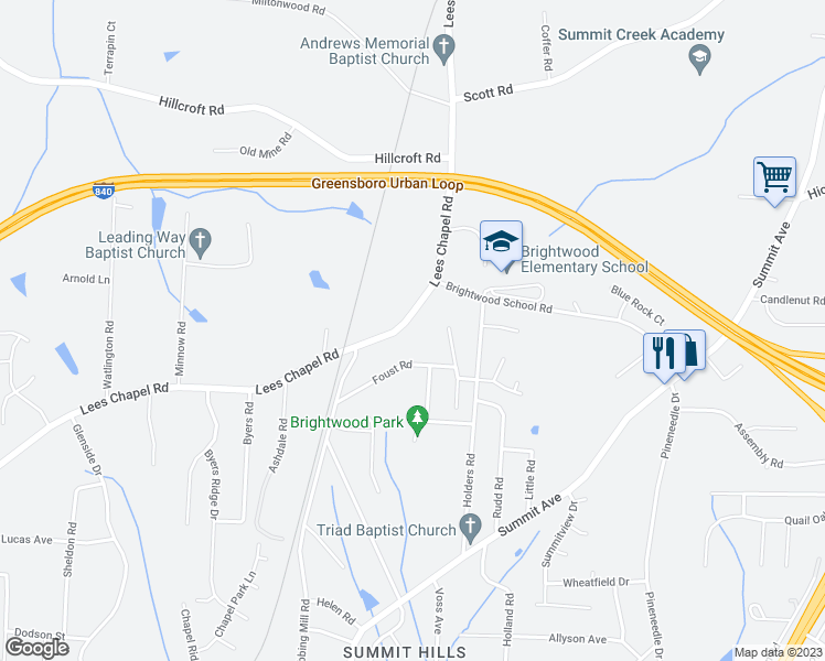 map of restaurants, bars, coffee shops, grocery stores, and more near 2416 Lees Chapel Road in Greensboro