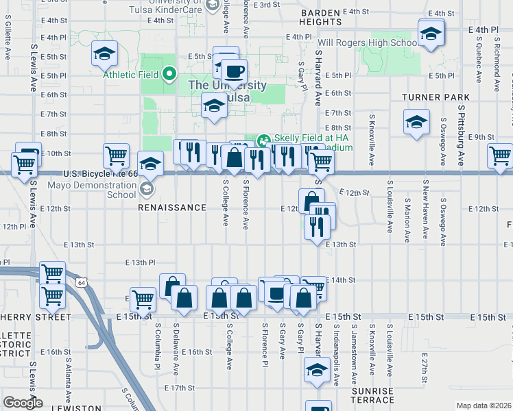 map of restaurants, bars, coffee shops, grocery stores, and more near 3113 East 12th Street in Tulsa