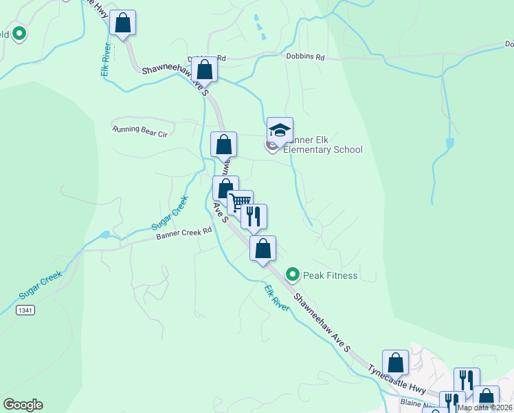 map of restaurants, bars, coffee shops, grocery stores, and more near 270 Elk Hill Drive in Banner Elk