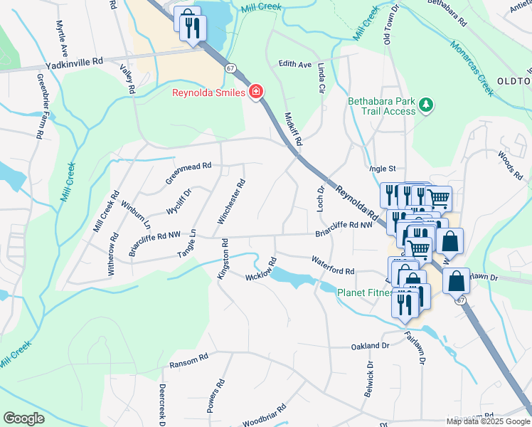 map of restaurants, bars, coffee shops, grocery stores, and more near 3002 Walnut Avenue in Winston-Salem