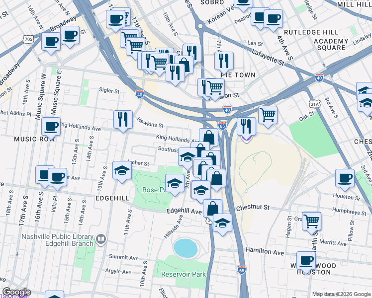 map of restaurants, bars, coffee shops, grocery stores, and more near 908 Archer Street in Nashville