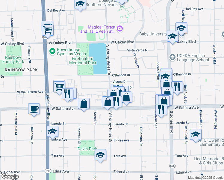 map of restaurants, bars, coffee shops, grocery stores, and more near 6353 Peppermill Drive in Las Vegas