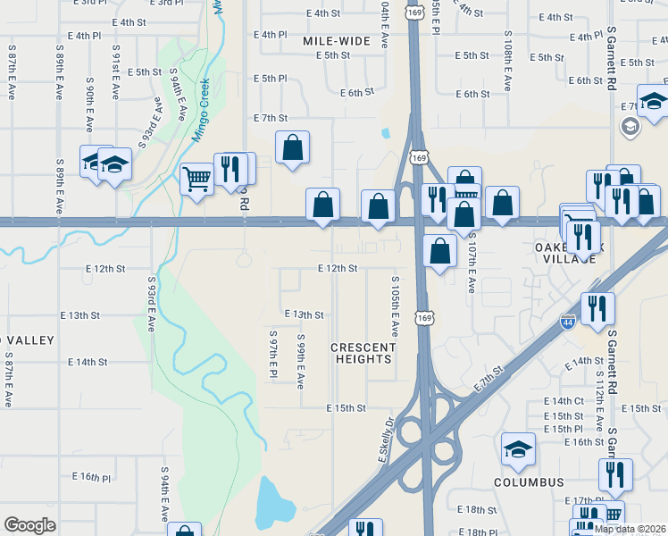 map of restaurants, bars, coffee shops, grocery stores, and more near 1226 South 101st East Avenue in Tulsa