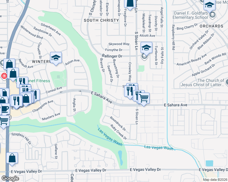 map of restaurants, bars, coffee shops, grocery stores, and more near 5650 East Sahara Avenue in Las Vegas