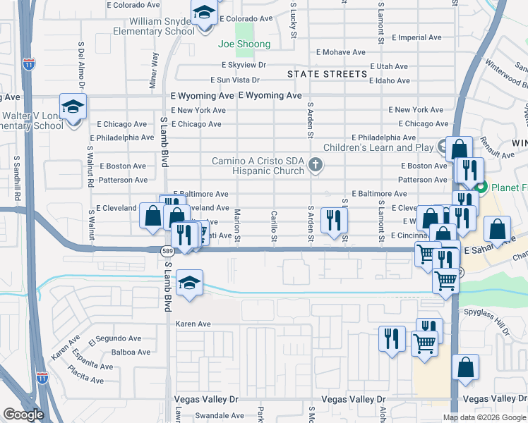 map of restaurants, bars, coffee shops, grocery stores, and more near 4471 Welter Avenue in Las Vegas
