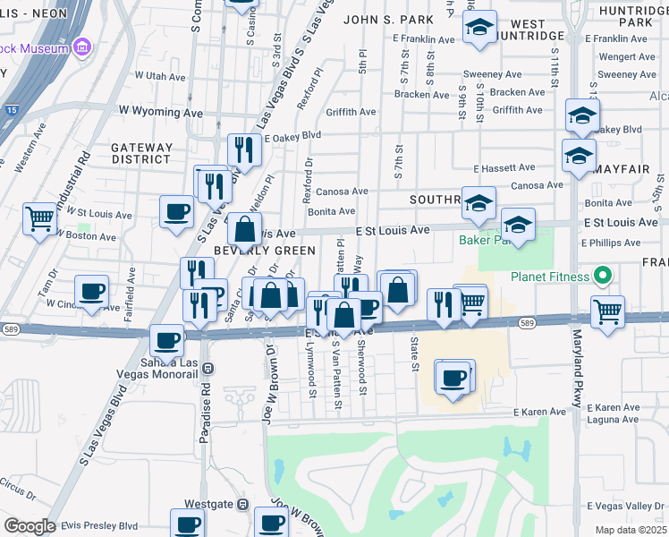 map of restaurants, bars, coffee shops, grocery stores, and more near 2209 Santa Ynez Drive in Las Vegas