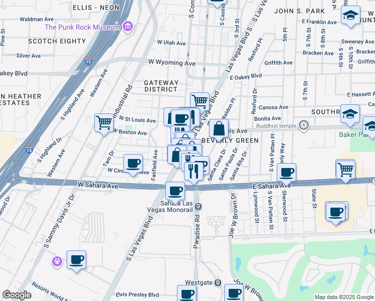 map of restaurants, bars, coffee shops, grocery stores, and more near 2205 South Las Vegas Boulevard in Las Vegas
