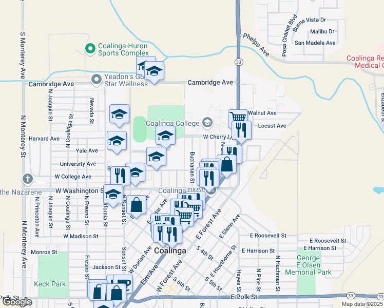 map of restaurants, bars, coffee shops, grocery stores, and more near 217 Buchanan Street in Coalinga