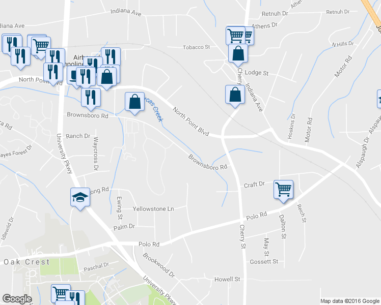 map of restaurants, bars, coffee shops, grocery stores, and more near 4217 Brownsboro Road in Winston-Salem