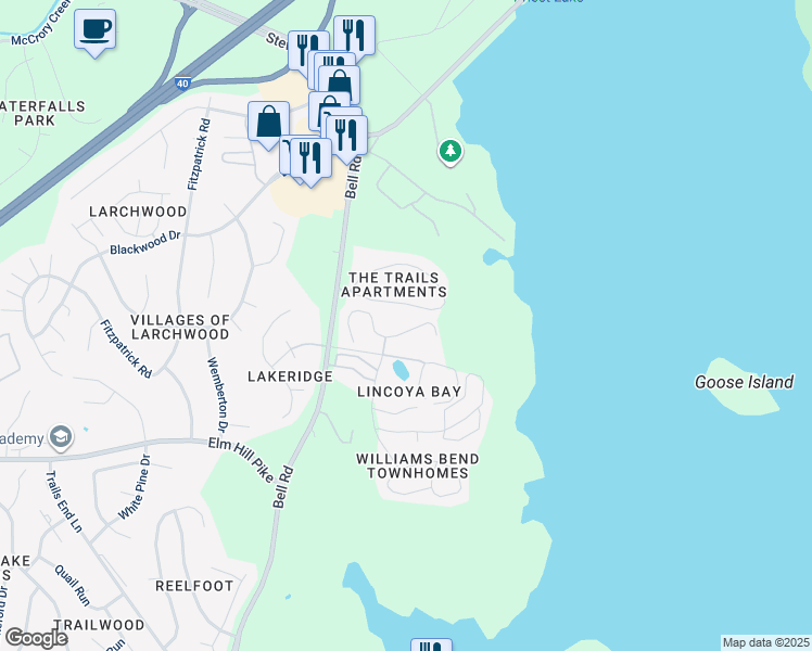 map of restaurants, bars, coffee shops, grocery stores, and more near 3245 Lincoya Creek Drive in Nashville