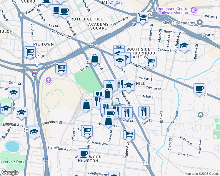 map of restaurants, bars, coffee shops, grocery stores, and more near 200 Chestnut Street in Nashville