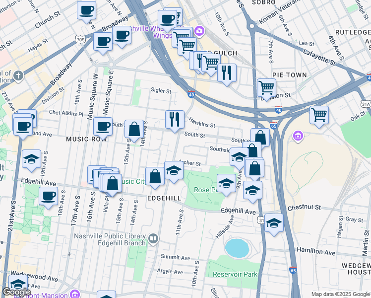 map of restaurants, bars, coffee shops, grocery stores, and more near 1086 Archer Street in Nashville