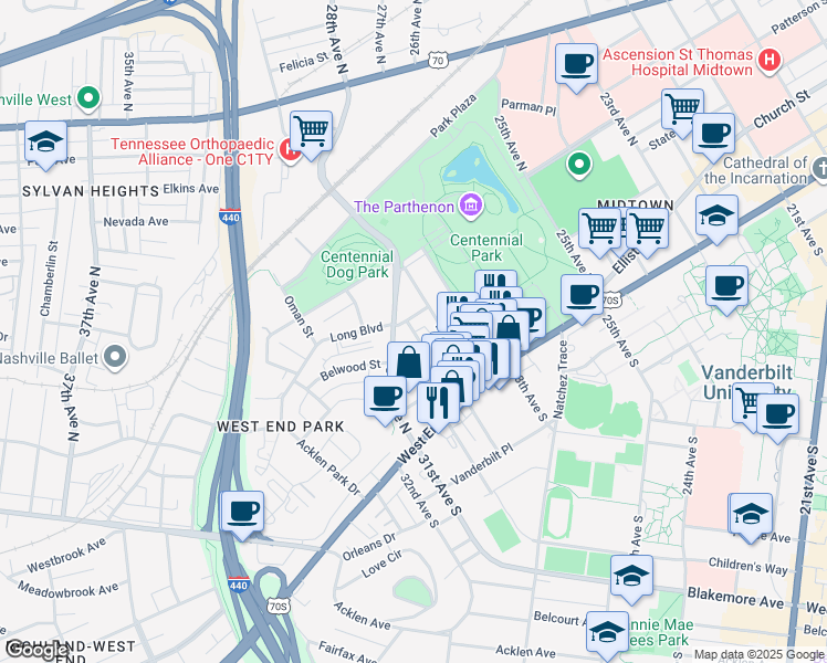 map of restaurants, bars, coffee shops, grocery stores, and more near 3002 Poston Avenue in Nashville