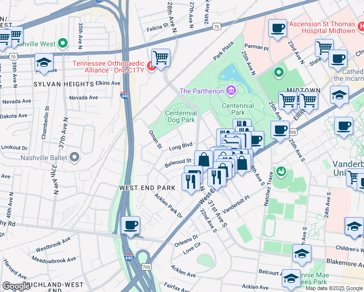 map of restaurants, bars, coffee shops, grocery stores, and more near 215 31st Avenue North in Nashville
