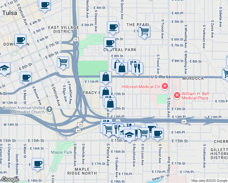 map of restaurants, bars, coffee shops, grocery stores, and more near 1214 South Quaker Avenue in Tulsa